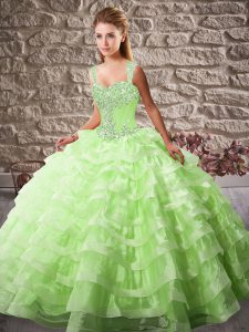 Organza Straps Sleeveless Court Train Lace Up Beading and Ruffled Layers 15 Quinceanera Dress in