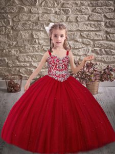 Latest Straps Sleeveless High School Pageant Dress Sweep Train Beading Red Tulle