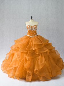 Perfect Sleeveless Floor Length Beading and Ruffles Lace Up Quince Ball Gowns with Orange