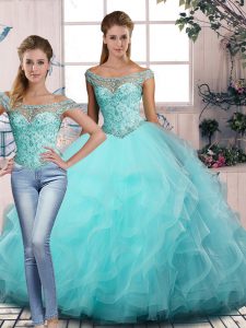 Deluxe Aqua Blue Two Pieces Off The Shoulder Sleeveless Tulle Floor Length Lace Up Beading and Ruffles Sweet 16 Dresses