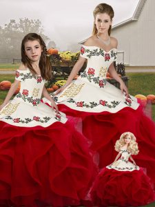Edgy White And Red Lace Up Quince Ball Gowns Embroidery and Ruffles Sleeveless Floor Length