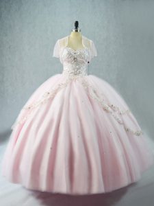 Shining Pink Ball Gowns Sweetheart Sleeveless Tulle Floor Length Lace Up Beading Quinceanera Gown