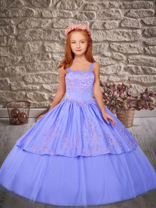Lace Up Girls Pageant Dresses Lavender for Wedding Party with Embroidery Sweep Train