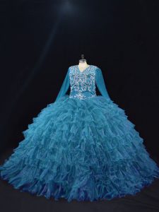 High Quality Teal V-neck Lace Up Beading and Ruffled Layers Ball Gown Prom Dress Long Sleeves