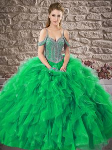 Perfect Green Quinceanera Dress Military Ball and Sweet 16 and Quinceanera with Beading and Ruffles Off The Shoulder Sle