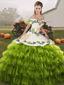 Ideal Olive Green Off The Shoulder Lace Up Embroidery and Ruffled Layers Quince Ball Gowns Sleeveless