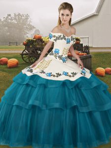 Glorious Lace Up Quinceanera Dresses Teal for Military Ball and Sweet 16 and Quinceanera with Embroidery and Ruffled Lay