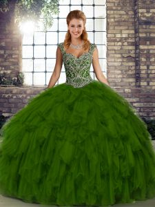 Olive Green Lace Up Sweet 16 Dress Beading and Ruffles Sleeveless Floor Length