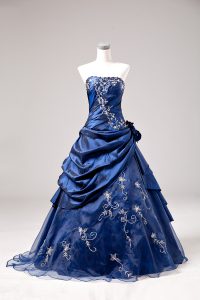 Blue Quinceanera Dress Sweet 16 and Quinceanera with Embroidery and Hand Made Flower One Shoulder Sleeveless Lace Up