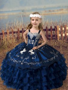 Floor Length Navy Blue Little Girls Pageant Dress Straps Sleeveless Lace Up