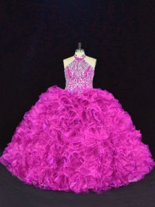 Noble Fuchsia Halter Top Lace Up Beading and Ruffles 15 Quinceanera Dress Sleeveless