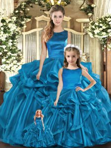 Flare Teal Ball Gowns Organza Scoop Sleeveless Ruffles Floor Length Lace Up Sweet 16 Dresses