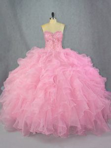 Pink Sleeveless Organza Lace Up Quinceanera Gowns for Sweet 16 and Quinceanera