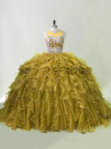 Custom Designed Organza Sleeveless 15th Birthday Dress Brush Train and Beading and Ruffles