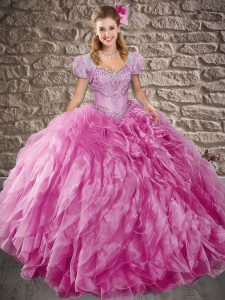Unique Sweetheart Sleeveless Sweet 16 Dresses Sweep Train Beading and Ruffles Rose Pink Organza