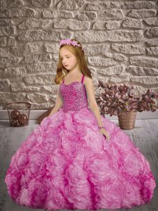 Lace Up Child Pageant Dress Rose Pink for Wedding Party with Beading Sweep Train