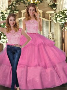 Unique Two Pieces Quinceanera Gowns Hot Pink Scoop Tulle Sleeveless Floor Length Lace Up