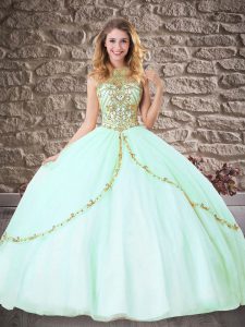 Sleeveless Tulle Floor Length Backless Quinceanera Gown in Apple Green with Beading
