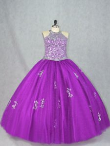 Flirting Purple Ball Gowns Halter Top Sleeveless Tulle Floor Length Lace Up Beading and Appliques 15th Birthday Dress