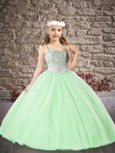 Floor Length Apple Green Little Girl Pageant Gowns Straps Sleeveless Lace Up