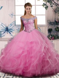 Admirable Floor Length Ball Gowns Sleeveless Rose Pink Ball Gown Prom Dress Lace Up
