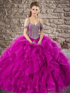 Hot Sale Sleeveless Floor Length Beading and Ruffles Lace Up 15 Quinceanera Dress with Purple