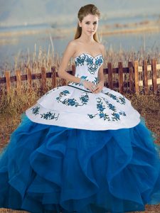 Blue And White Ball Gowns Tulle Sweetheart Sleeveless Embroidery and Ruffles and Bowknot Floor Length Lace Up Quinceaner