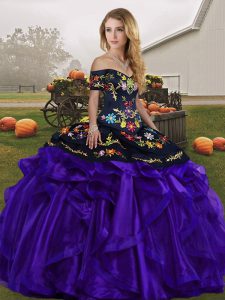 Hot Sale Black And Purple Organza Lace Up Off The Shoulder Sleeveless Floor Length Quinceanera Gown Embroidery and Ruffl