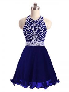 Superior Chiffon Halter Top Sleeveless Lace Up Beading Red Carpet Prom Dress in Blue