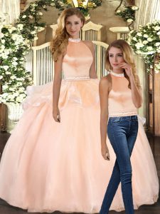 Modern Peach Sweet 16 Quinceanera Dress Sweet 16 and Quinceanera with Beading Halter Top Sleeveless Backless