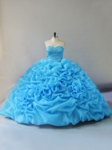Elegant Sleeveless Beading and Pick Ups and Hand Made Flower Lace Up Ball Gown Prom Dress with Baby Blue Court Train