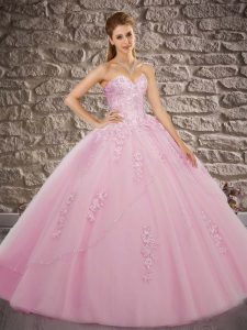 Adorable Lace Up 15 Quinceanera Dress Rose Pink for Military Ball and Sweet 16 and Quinceanera with Appliques Brush Trai