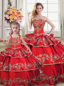 Elegant Embroidery and Ruffled Layers 15th Birthday Dress Red Lace Up Sleeveless Floor Length