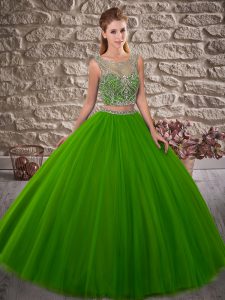 Green Two Pieces Beading Quinceanera Gowns Lace Up Tulle Sleeveless