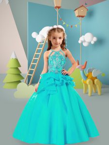 Sleeveless Floor Length Beading and Ruffles Backless Pageant Gowns For Girls with Aqua Blue