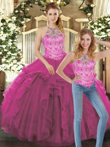 Fuchsia Sleeveless Floor Length Beading and Ruffles Lace Up Quinceanera Dress