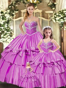 Extravagant Lilac Taffeta Lace Up Vestidos de Quinceanera Sleeveless Floor Length Beading and Ruffled Layers