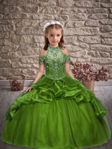 Green Kids Pageant Dress Wedding Party with Beading and Ruffles Halter Top Sleeveless Lace Up