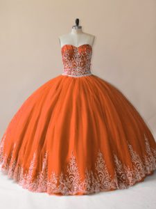 Sleeveless Floor Length Embroidery Lace Up Quinceanera Gowns with Orange