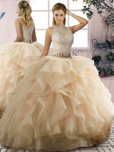 Luxurious Ball Gowns Quinceanera Dresses Champagne Scoop Tulle Sleeveless Floor Length Lace Up