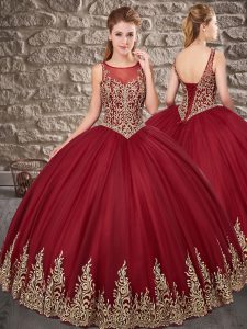 Burgundy Ball Gowns Scoop Sleeveless Tulle Floor Length Lace Up Embroidery Vestidos de Quinceanera