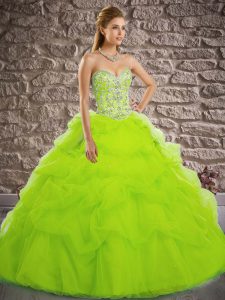 Fantastic Sleeveless Beading and Pick Ups Lace Up Sweet 16 Dress with Yellow Green Brush Train