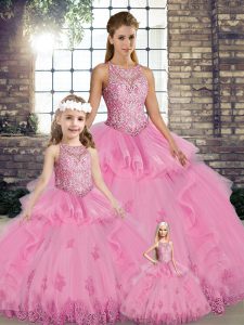 Nice Rose Pink Tulle Lace Up Scoop Sleeveless Floor Length Quinceanera Gowns Lace and Embroidery and Ruffles