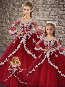 Cheap V-neck 3 4 Length Sleeve 15 Quinceanera Dress Floor Length Lace Wine Red Tulle
