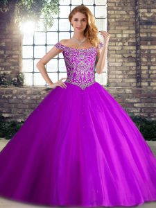 Popular Purple Sleeveless Brush Train Beading 15 Quinceanera Dress