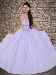 Designer Lavender Quinceanera Gowns Military Ball and Sweet 16 and Quinceanera with Beading Scoop Sleeveless Brush Train
