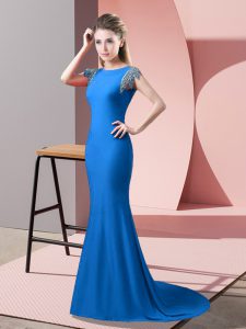 Sumptuous Blue Backless High-neck Beading Prom Dress Elastic Woven Satin Short Sleeves Brush Train