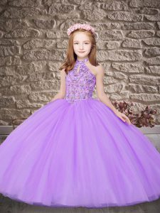 Lavender Kids Pageant Dress Wedding Party with Embroidery Halter Top Sleeveless Sweep Train Lace Up