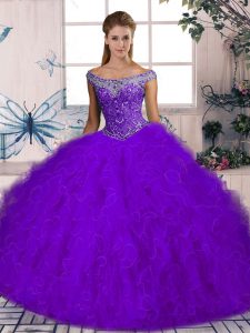 Sleeveless Tulle Brush Train Lace Up Sweet 16 Quinceanera Dress in Purple with Beading and Ruffles