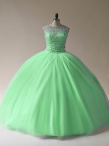 Tulle Lace Up Scoop Sleeveless Floor Length Quinceanera Dresses Beading